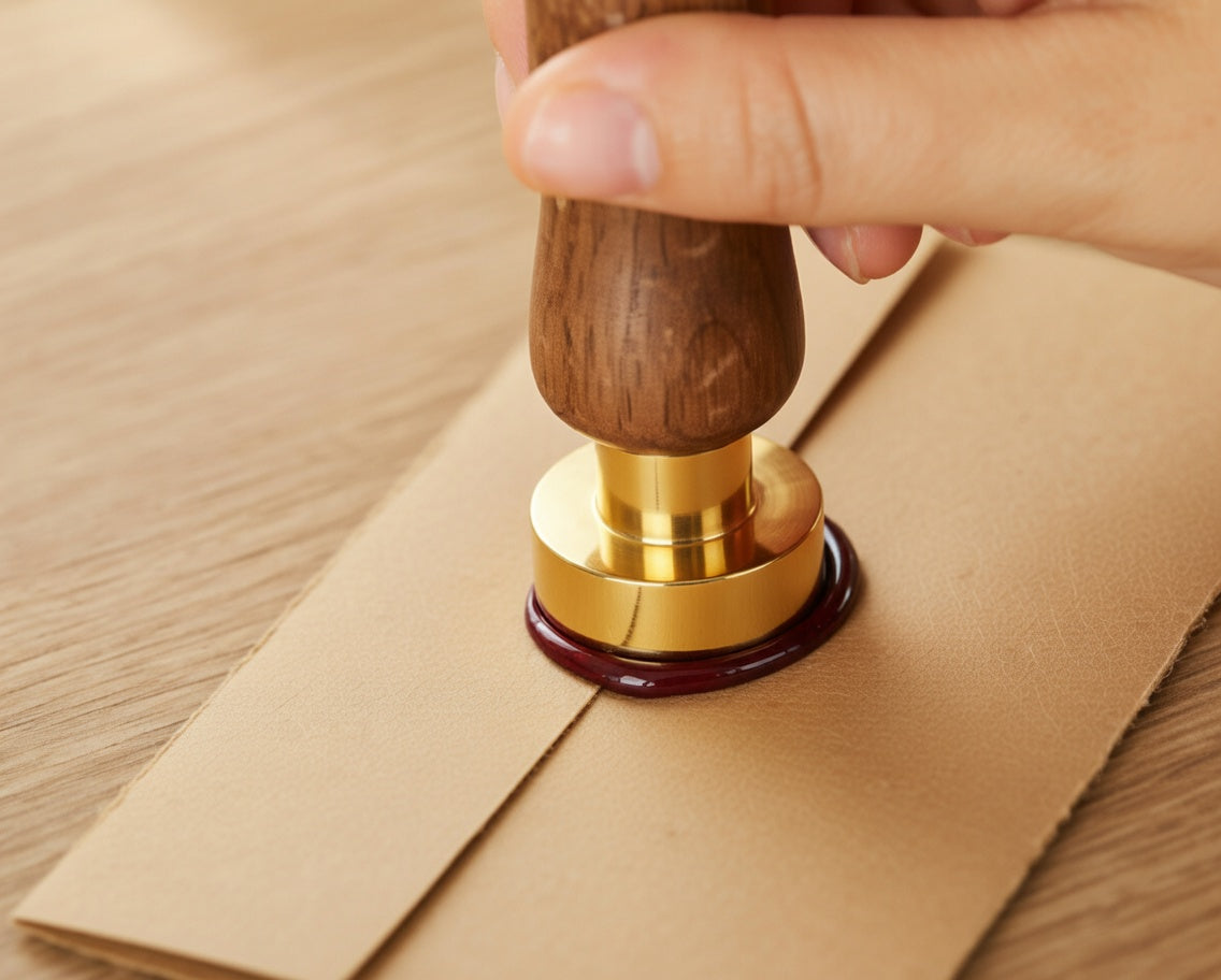 Sceau de cire artisanal sur enveloppe kraft — carte manuscrite Le Petit Biscuit Français
