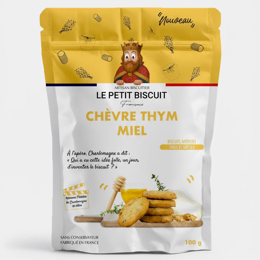 Photo du recto du packaging du biscuit apéritif CHARLEMAGNE au chèvre, thym et miel – biscuit salé artisanal français Le Petit Biscuit Français