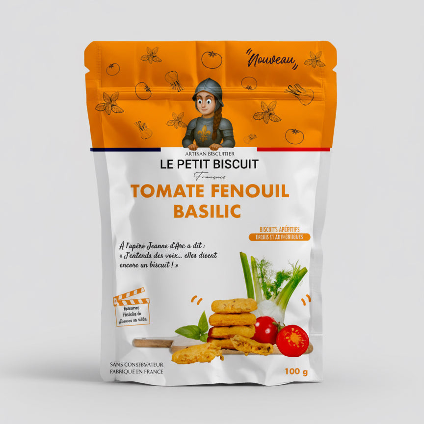 Photo du recto du packaging du biscuit apéritif JEANNE D’ARC tomate, fenouil et basilic – biscuit salé artisanal français Le Petit Biscuit Français