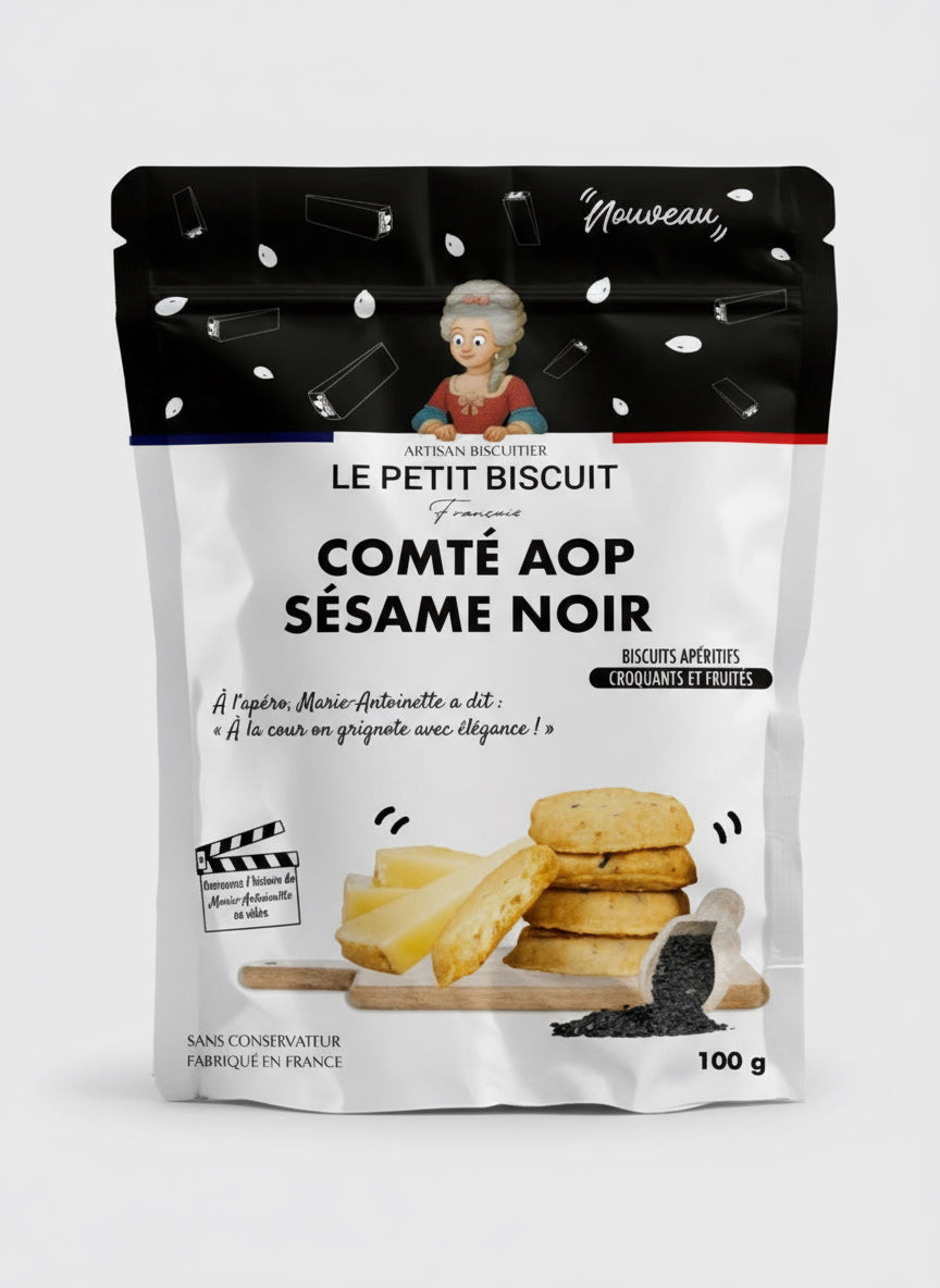 Photo du packaging du biscuit apéritif MARIE-ANTOINETTE comté et sésame noir – biscuit salé artisanal français Le Petit Biscuit Français