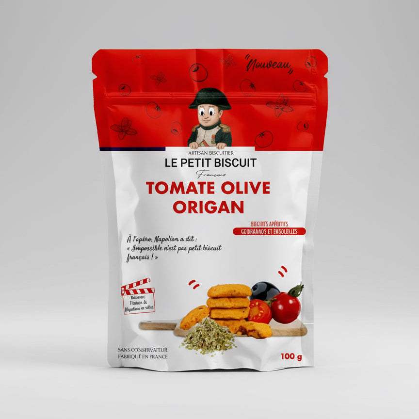 Photo du packaging du biscuit apéritif NAPOLÉON tomate olive origan – biscuit salé artisanal français Le Petit Biscuit Français