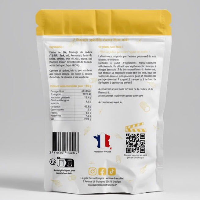 Dos du packaging du biscuit apéritif CHARLEMAGNE au chèvre, thym et miel avec QR code pour découvrir une anecdote sur Charlemagne – biscuit artisanal français
