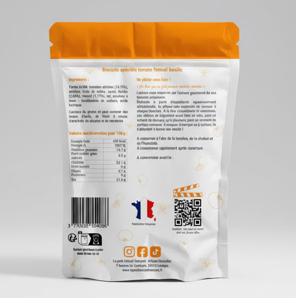 Dos du packaging du biscuit apéritif JEANNE D’ARC tomate, fenouil et basilic avec QR code pour découvrir une partie de l’histoire de Jeanne d’Arc – biscuit artisanal français