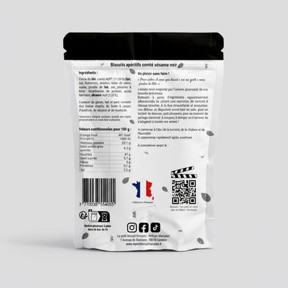 Dos du packaging du biscuit apéritif MARIE-ANTOINETTE comté et sésame noir avec QR code – fabrication artisanale française Le Petit Biscuit Français