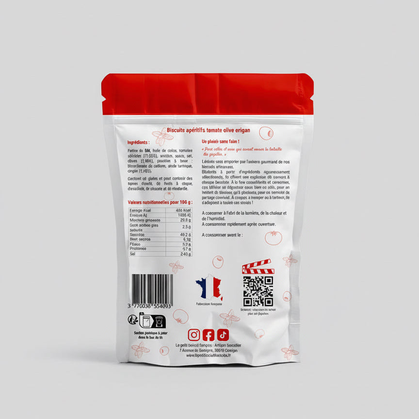 Dos du packaging du biscuit apéritif NAPOLÉON tomate olive origan avec QR code – fabrication artisanale française Le Petit Biscuit Français