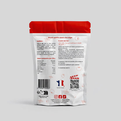 Dos du packaging du biscuit apéritif NAPOLÉON tomate olive origan avec QR code – fabrication artisanale française Le Petit Biscuit Français