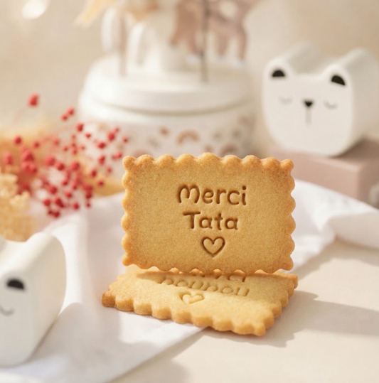 Biscuit personnalisé avec le message Merci Tata. Une idée de cadeau pour remercier la nounou ou la tata de votre enfant.