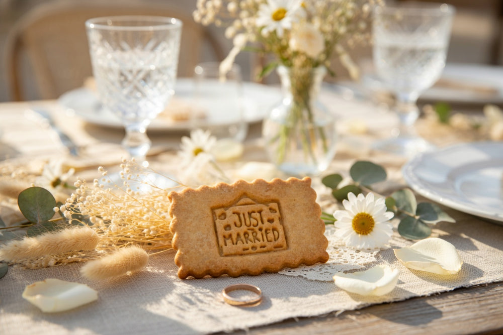 Biscuit personnalisé de mariage sur une table dressée