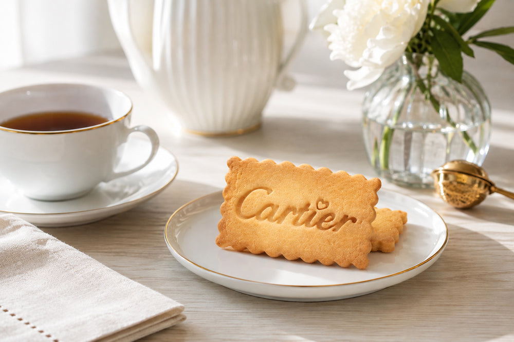 Biscuit personnalisé au logo d'une maison de joaillerie, servi avec un thé