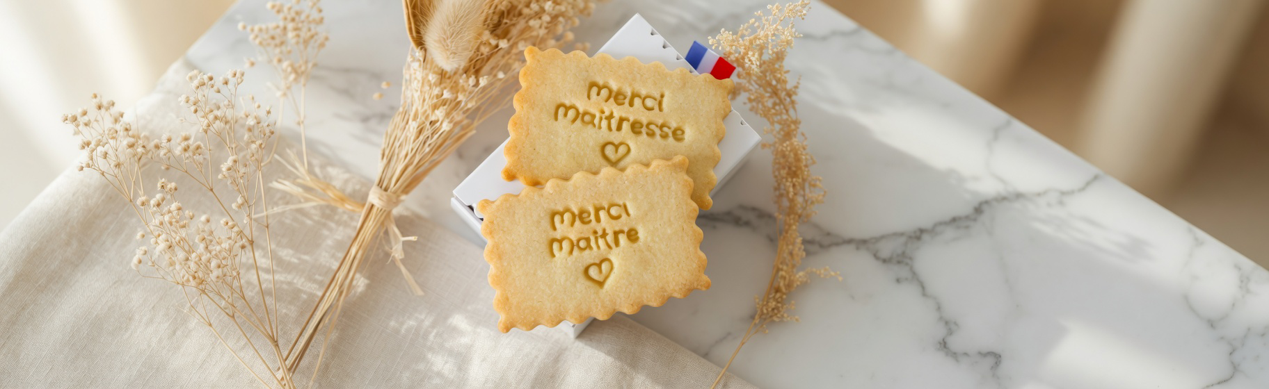 Biscuits personnalisés Merci Maîtresse et Merci Maître – coffret cadeau fin d'année scolaire