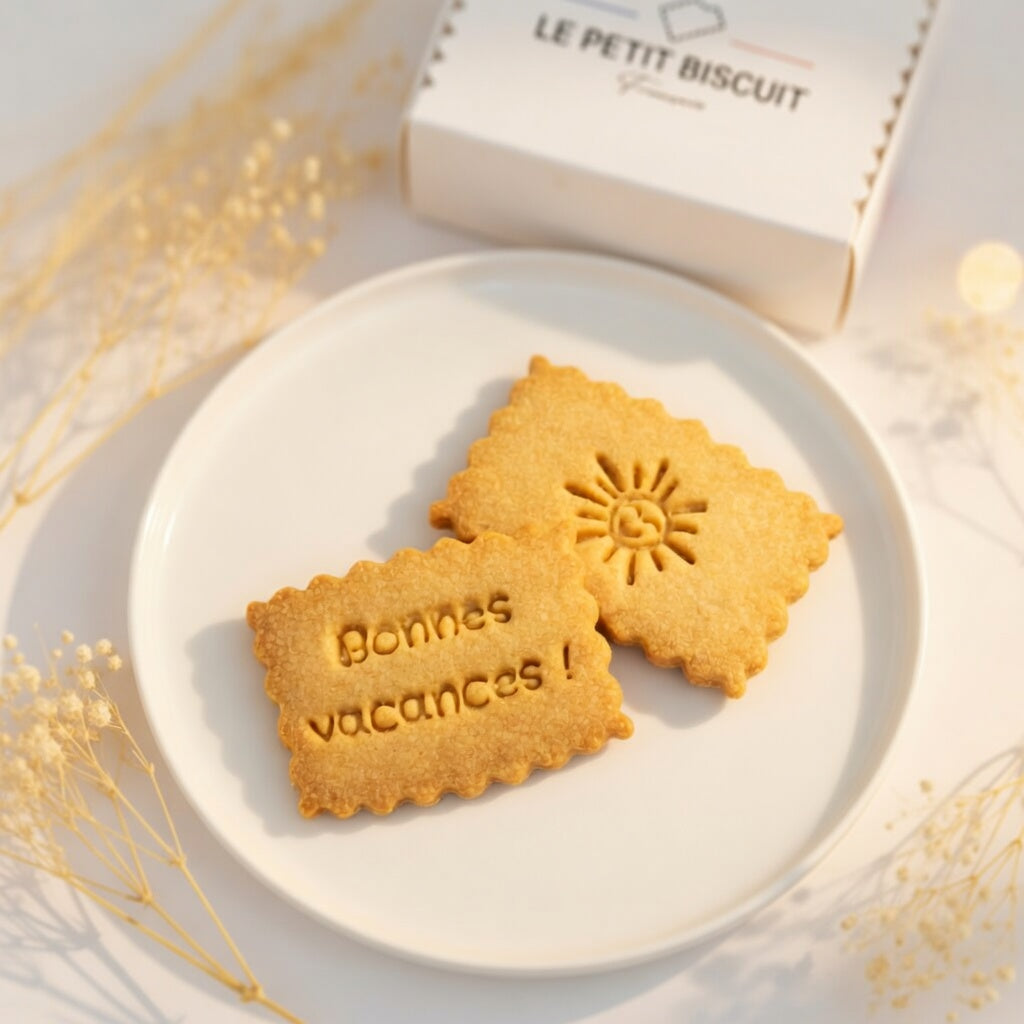 Coffret biscuits personnalisés Bonnes Vacances — 2 messages : Bonnes Vacances et soleil, prêt à offrir
